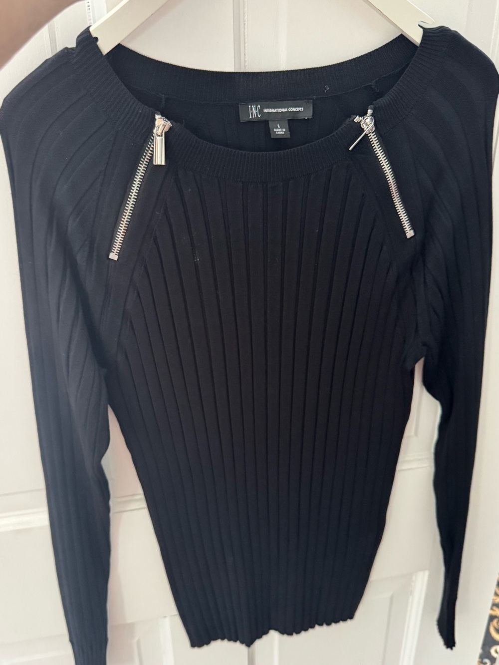 INC International Concepts Sweater  black long-sleeve ribbed zipper detail Macys